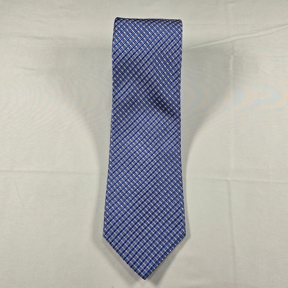 Michael Kors Silk Tie Men's Blue Silver Grid Pattern Old Money Business
